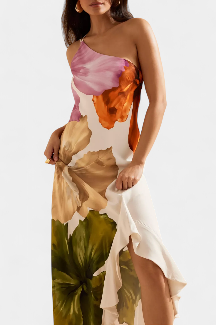 Almudena | Vestido Elegante con Patchwork y Cuello Asimétrico