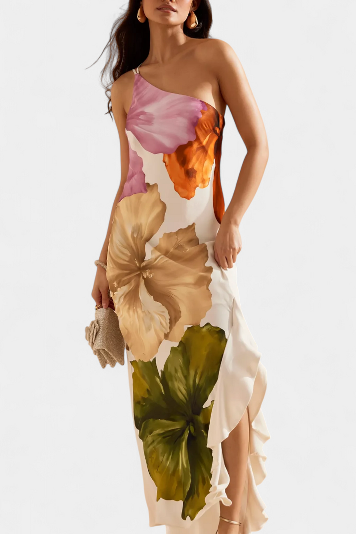 Almudena | Vestido Elegante con Patchwork y Cuello Asimétrico