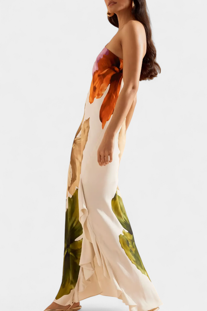 Almudena | Vestido Elegante con Patchwork y Cuello Asimétrico