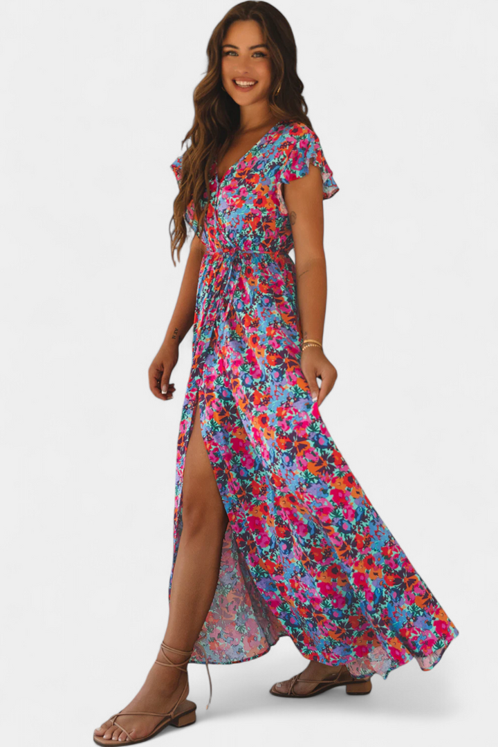 Ximena | Vestido Cruzado Largo con Estampado Floral
