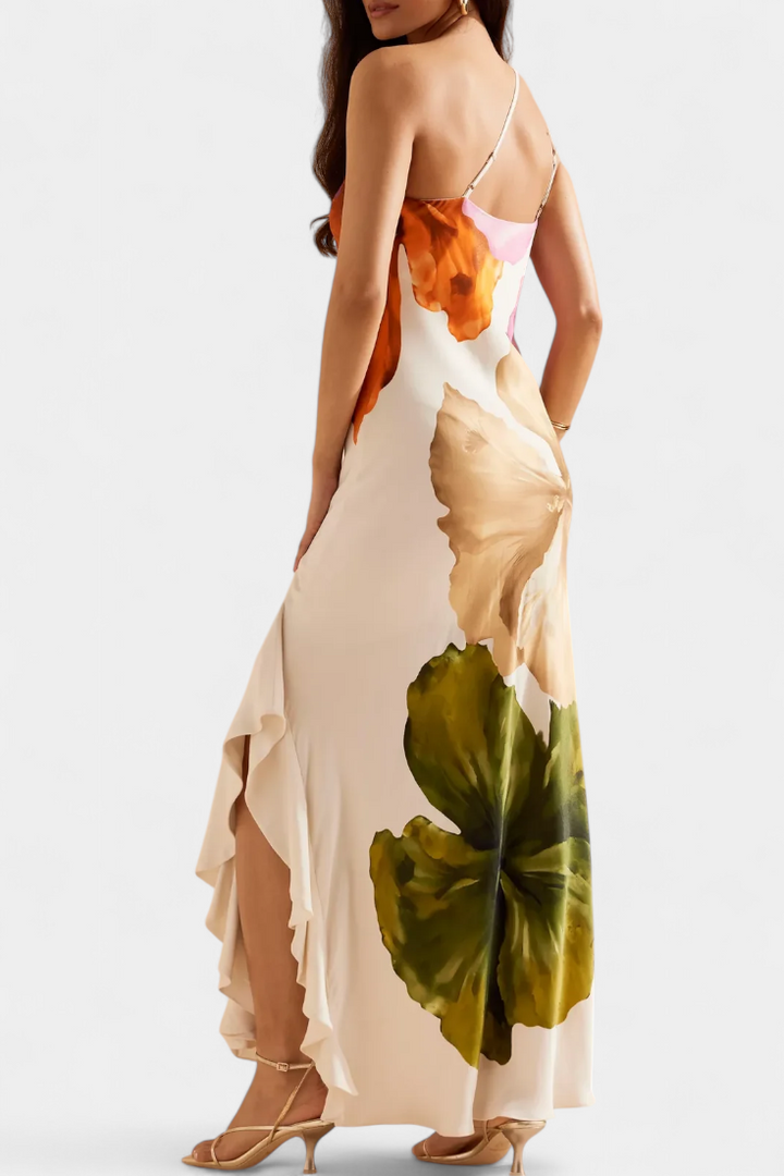 Almudena | Vestido Elegante con Patchwork y Cuello Asimétrico