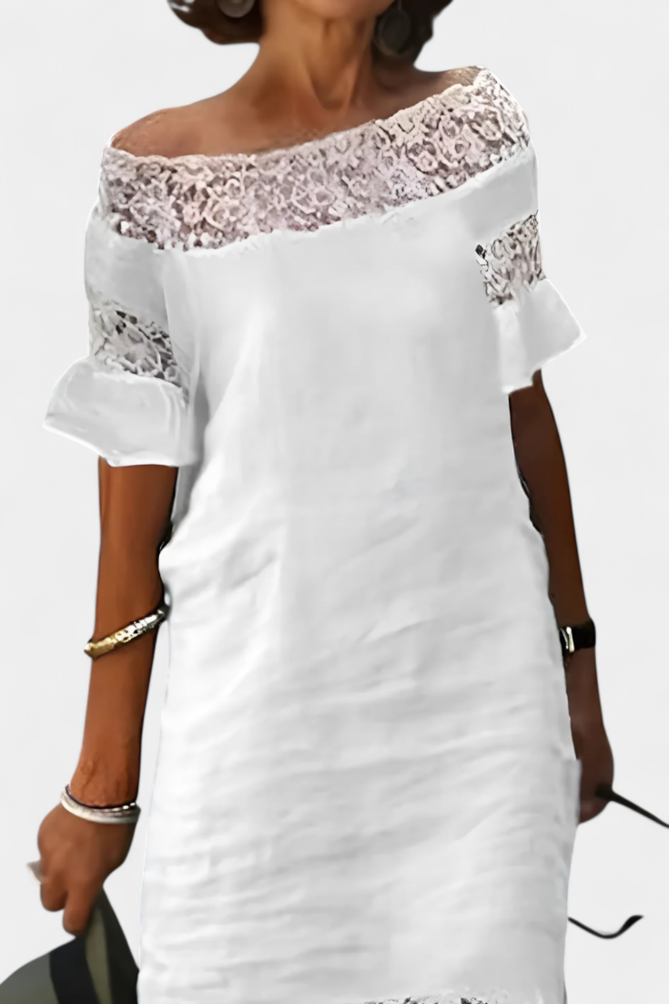 Lucia | Vestido Casual de Lino con Encaje y Cuello Barco