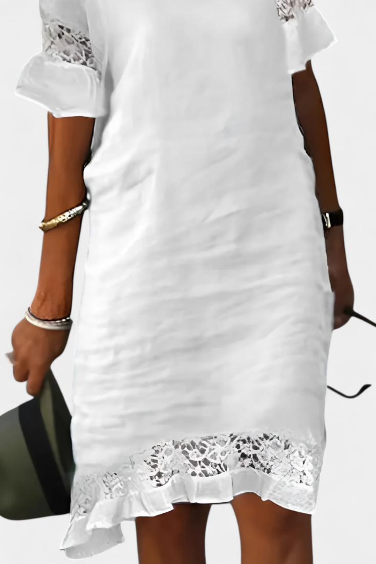 Lucia | Vestido Casual de Lino con Encaje y Cuello Barco