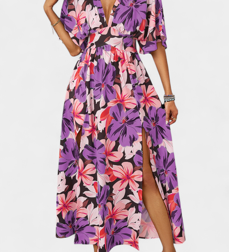 Elena - Vestido largo con estampado floral y escote cruzado