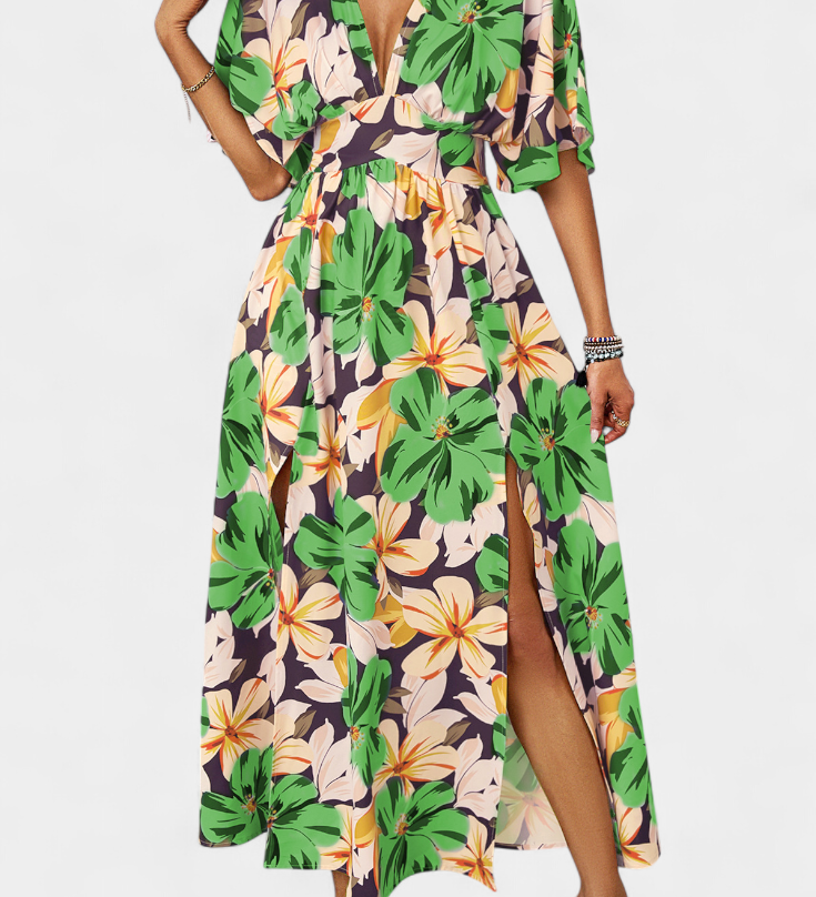 Elena - Vestido largo con estampado floral y escote cruzado