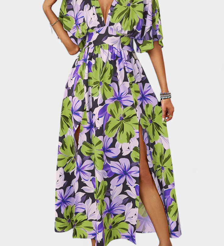 Elena - Vestido largo con estampado floral y escote cruzado