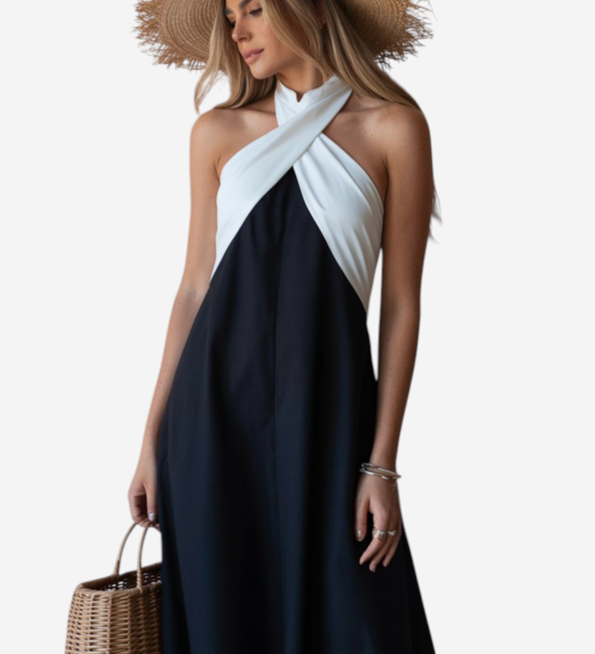 María - Vestido elegante con espalda descubierta y cuello cruzado a la moda