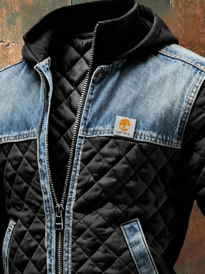 Sancho - Chaqueta de plumas negra con detalles de denim