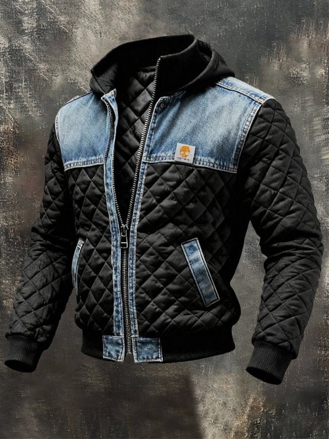 Sancho - Chaqueta de plumas negra con detalles de denim