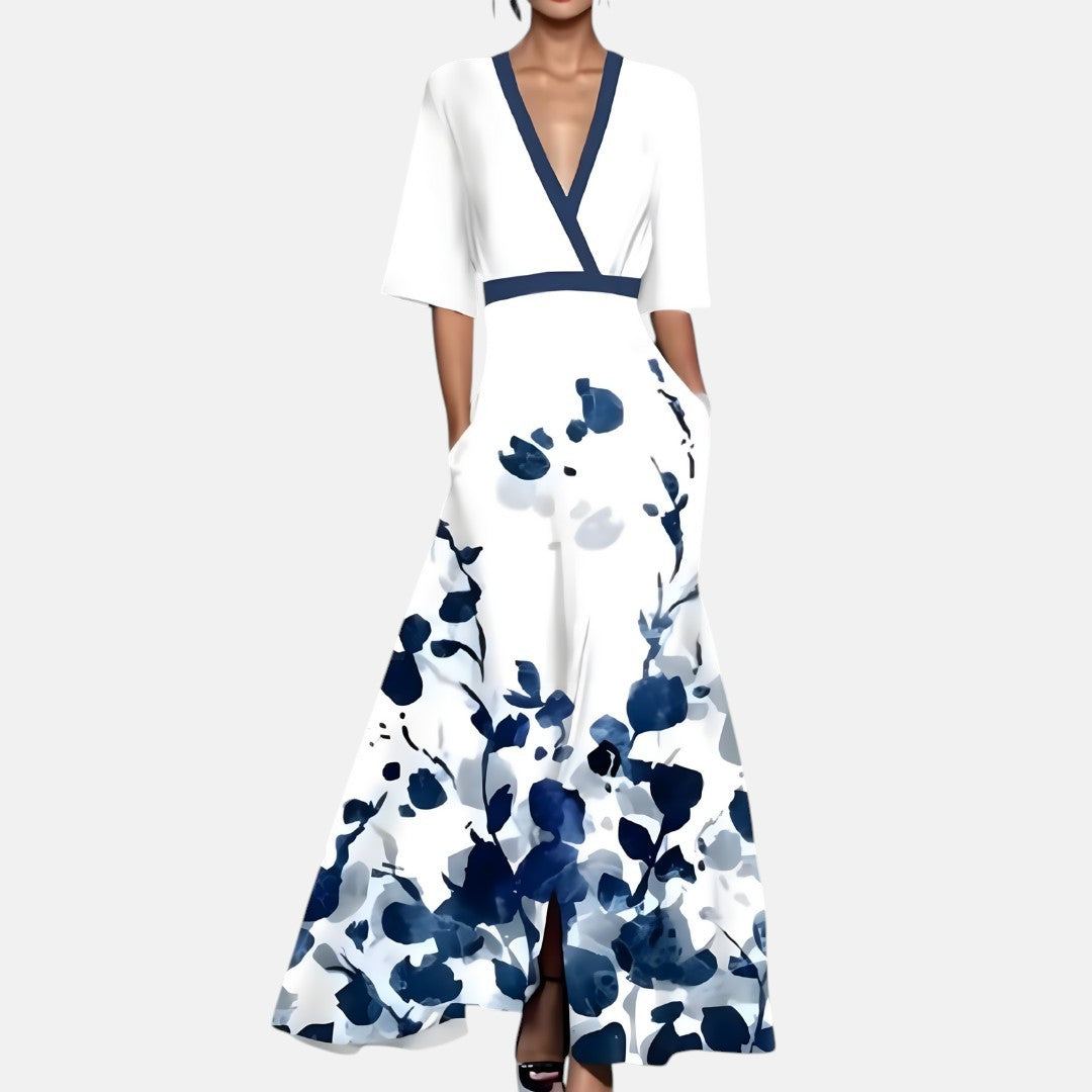 RHEA | VESTIDO LARGO ESTAMPADO CON CUELLO EN V FAVORECEDOR