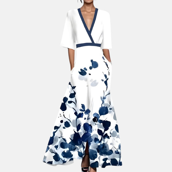 RHEA | VESTIDO LARGO ESTAMPADO CON CUELLO EN V FAVORECEDOR