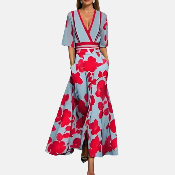 RHEA | VESTIDO LARGO ESTAMPADO CON CUELLO EN V FAVORECEDOR